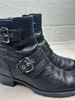 Prada Milano, black pebbled leather double buckle Moto biker ankle boots 8-5